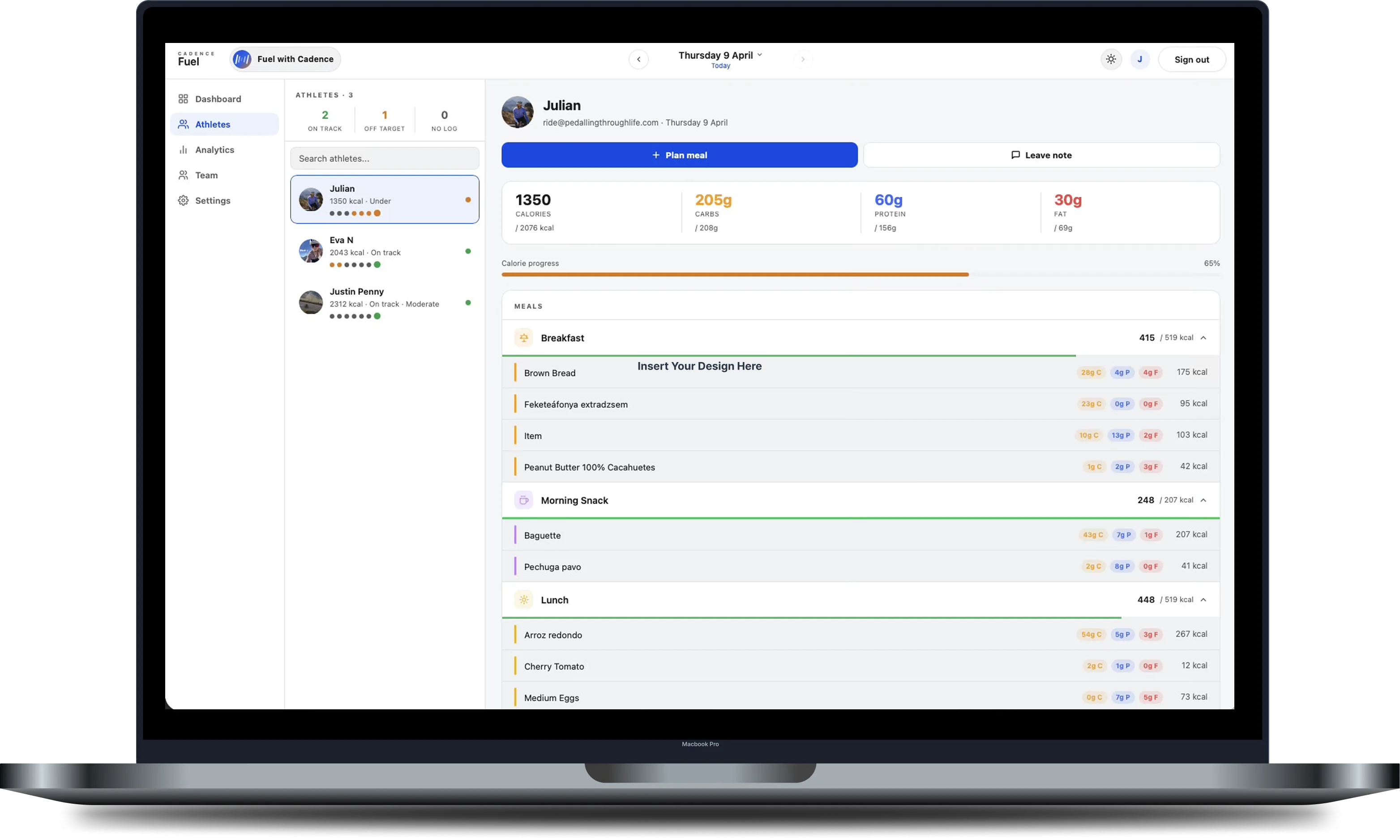 Cadence Fuel coach dashboard on web
