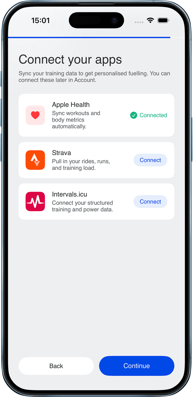 Connect devices screen showing Strava, Intervals.icu and Apple Health