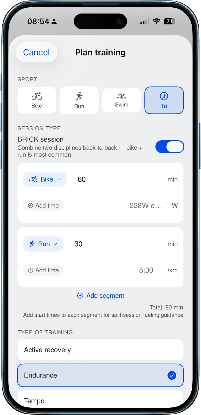 Plan training session