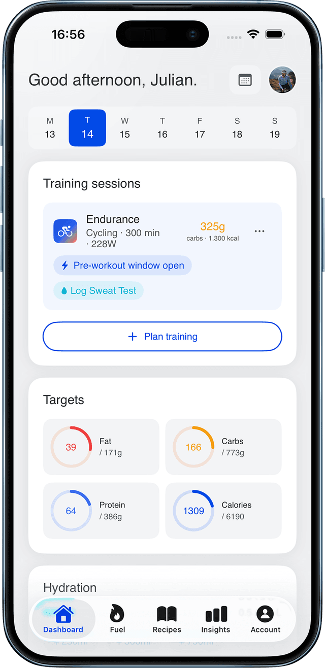 Dashboard showing carb targets increasing on a training day