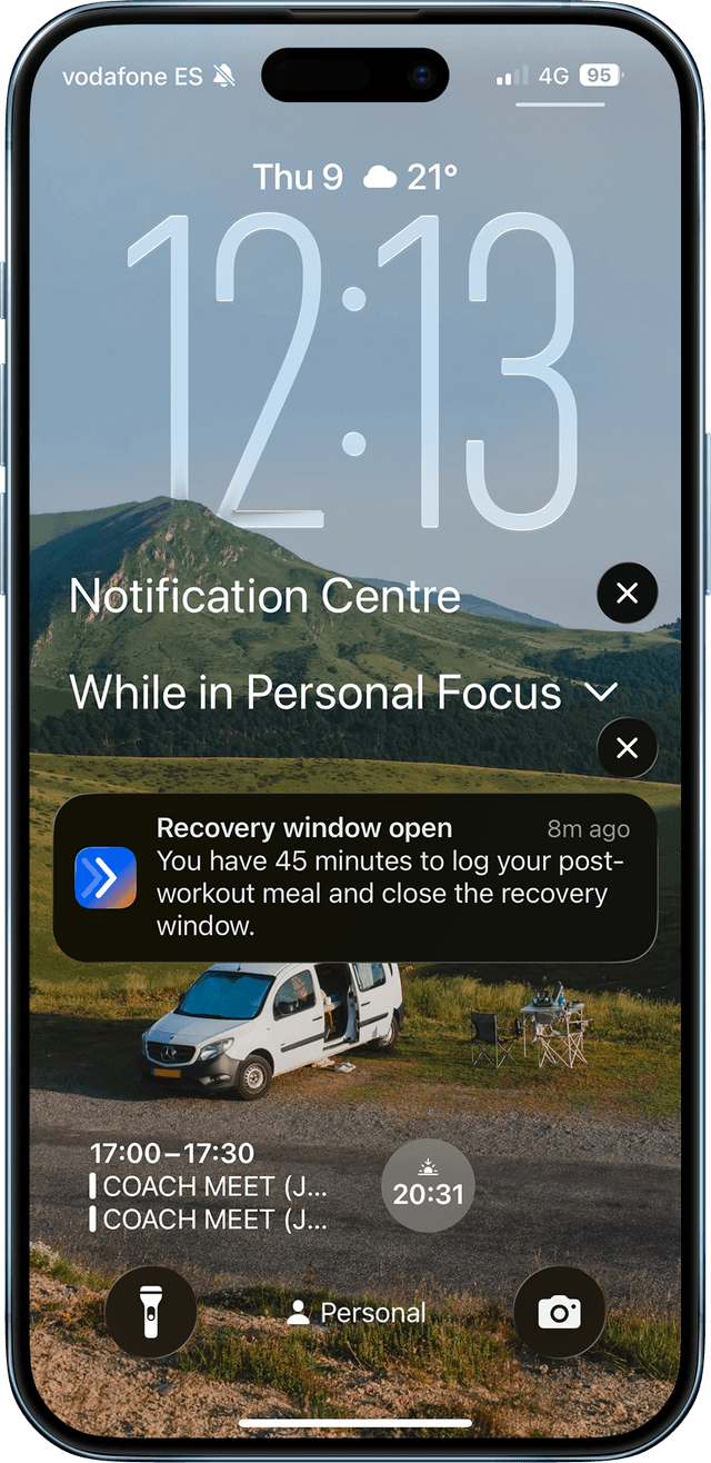 Recovery window screen showing post-session nutrition targets
