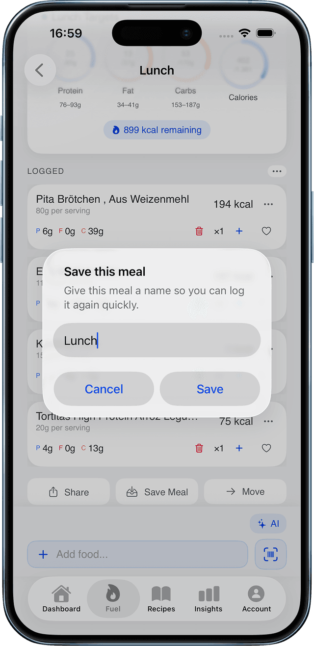 Save this meal dialog with name field