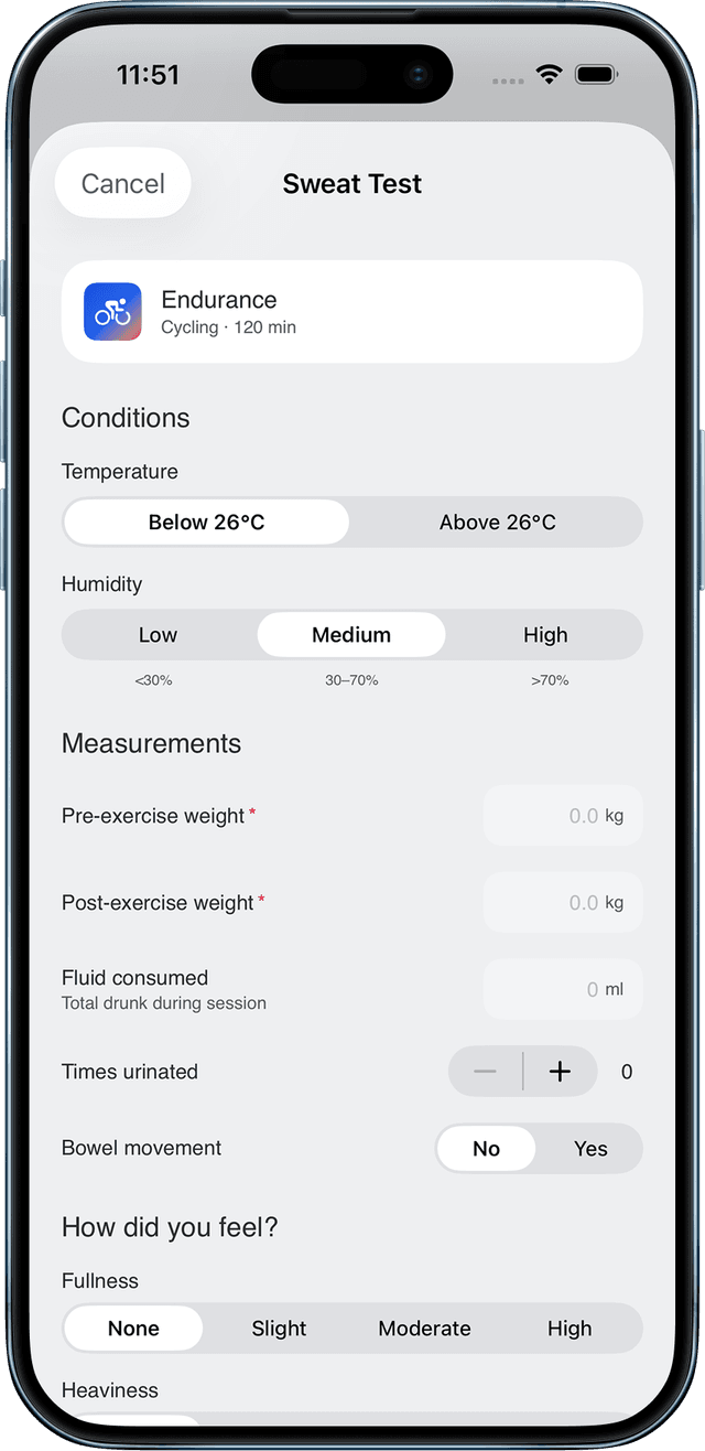 Sweat test screen with conditions and measurements