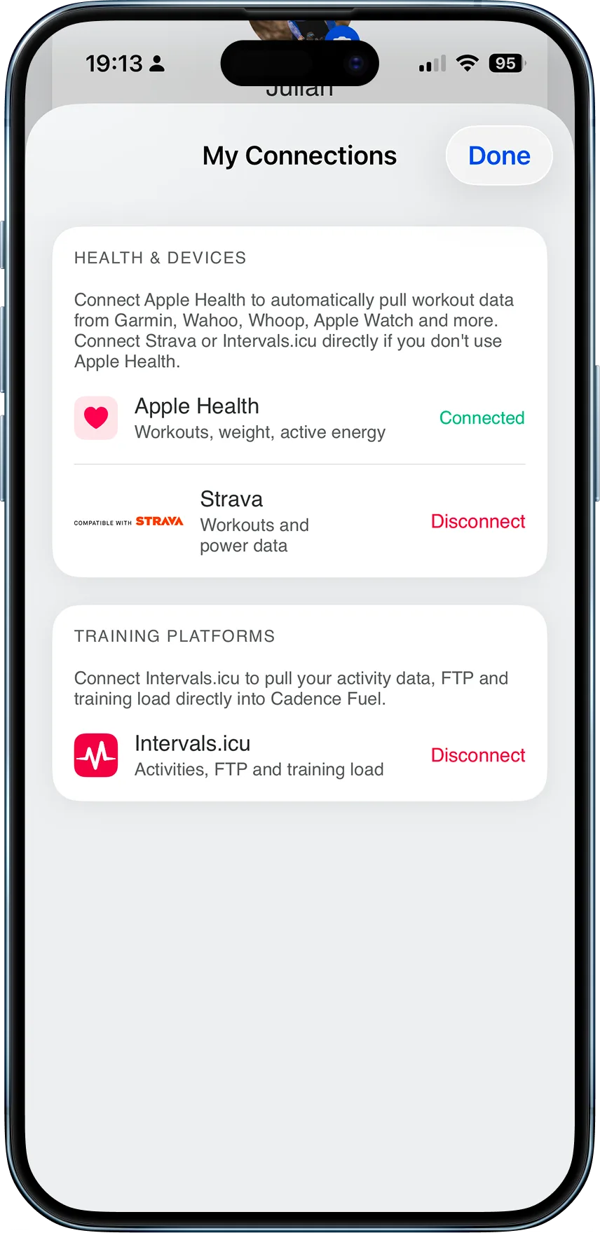Cadence connections — Apple Health, Strava, Intervals.icu