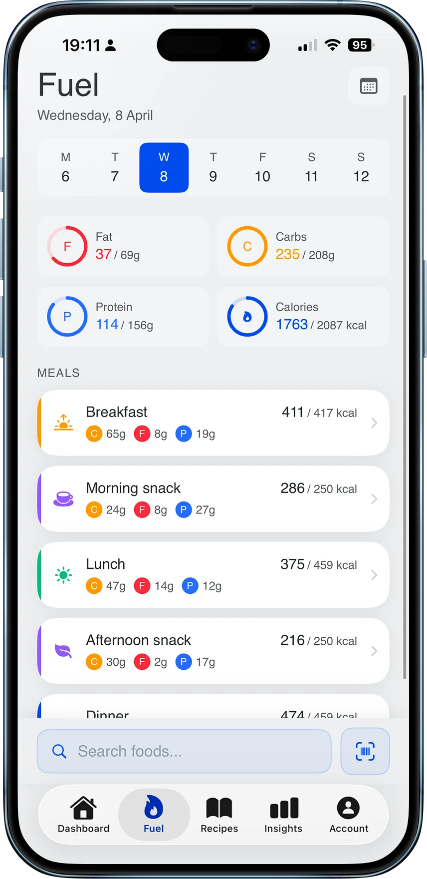 Cadence meal log with macro rings