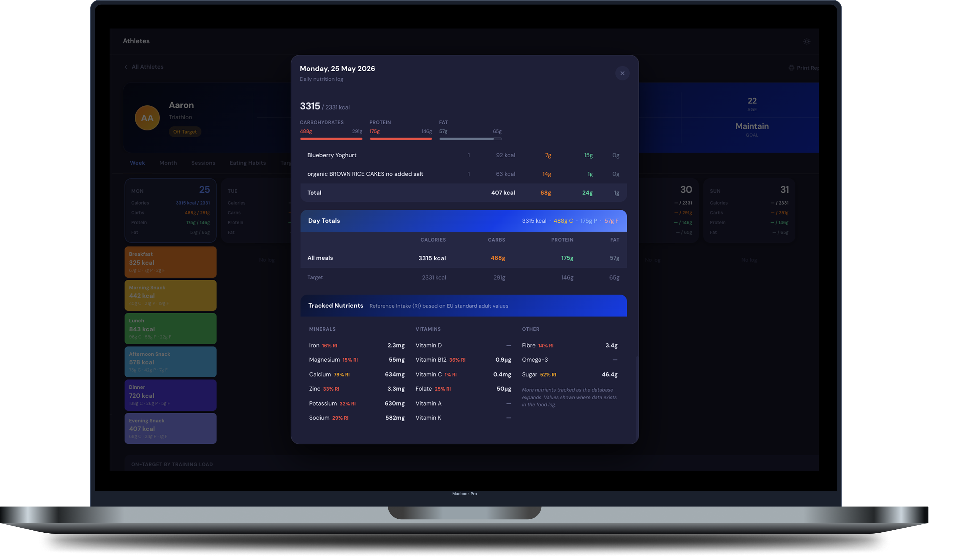 M0VE coach dashboard with an athlete's daily nutrition log open, showing macros, meals and tracked nutrients