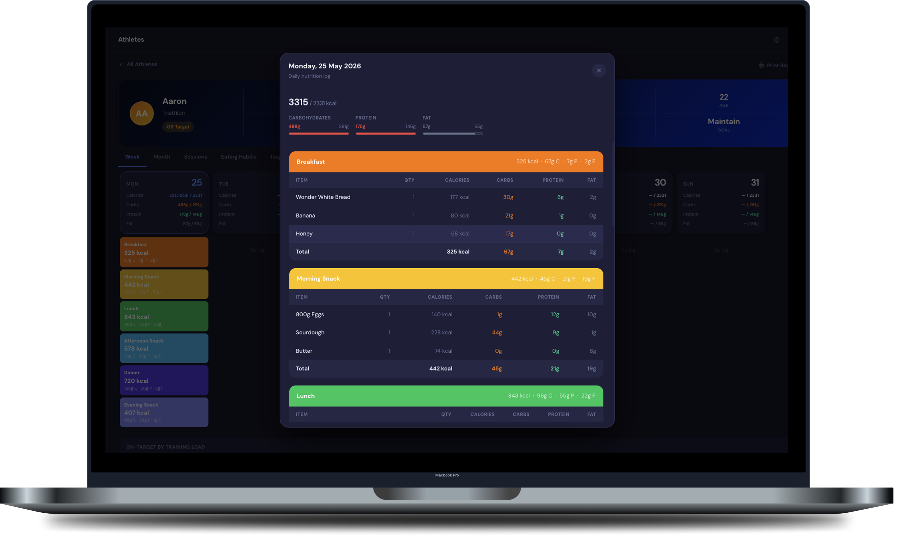 M0VE coach desktop view with athlete daily nutrition log open