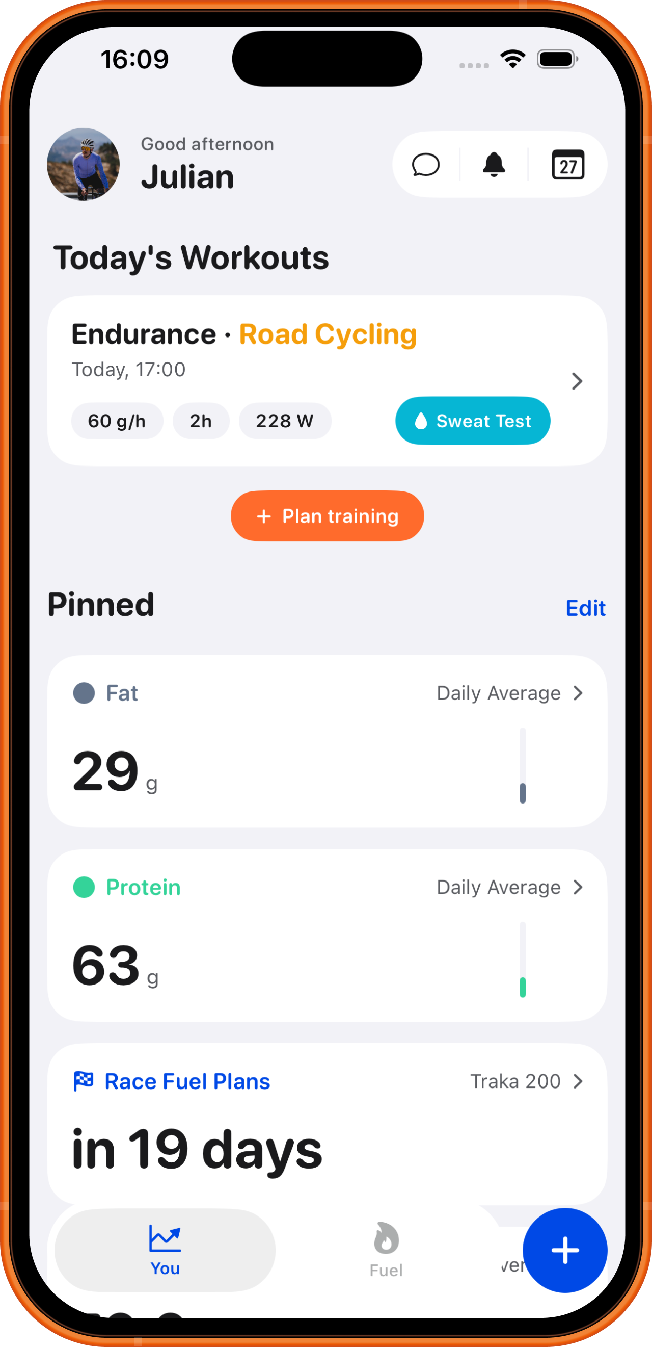 A planned session in the MOVE app showing per-hour fuelling targets