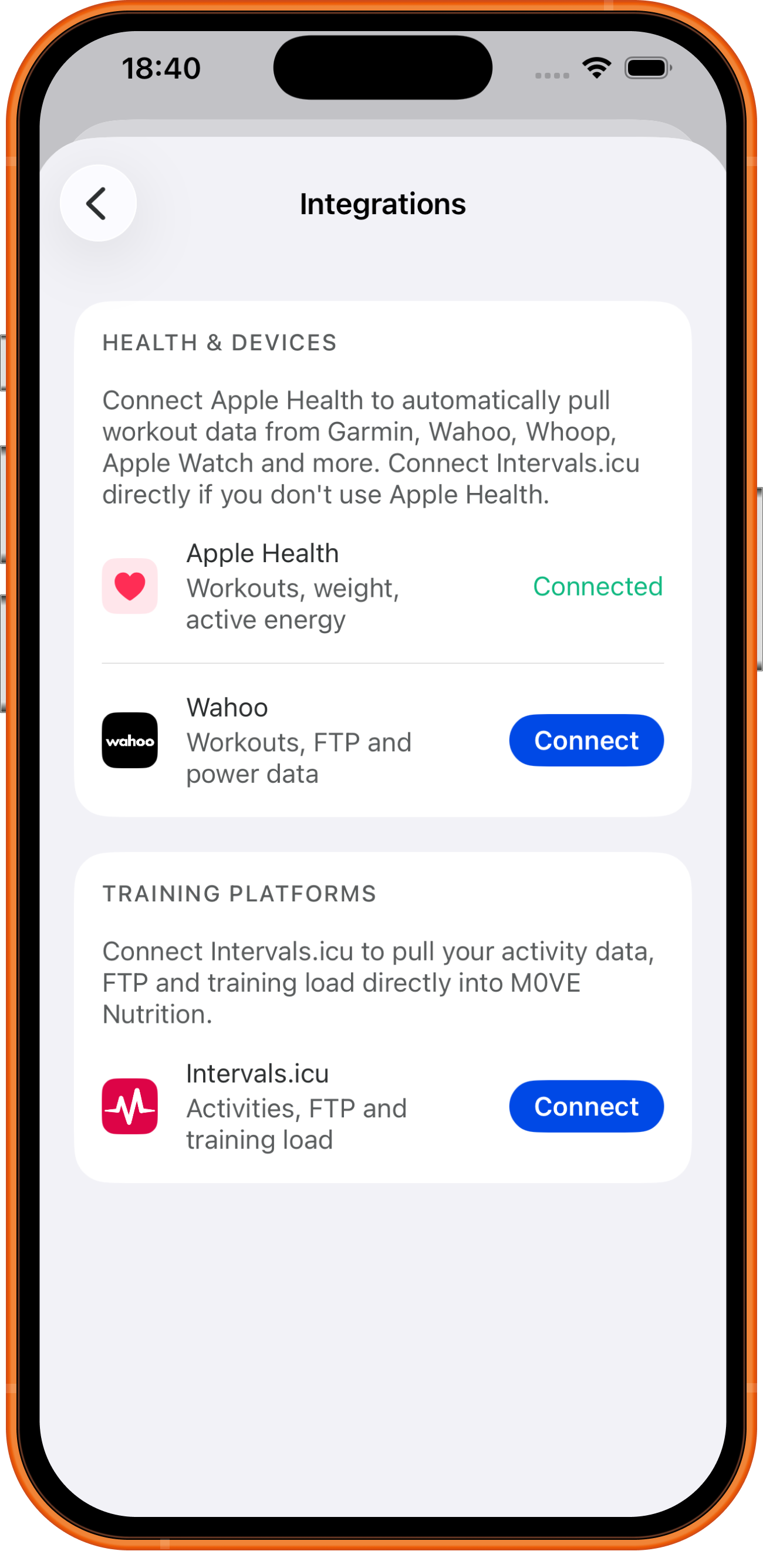 Connect devices screen
